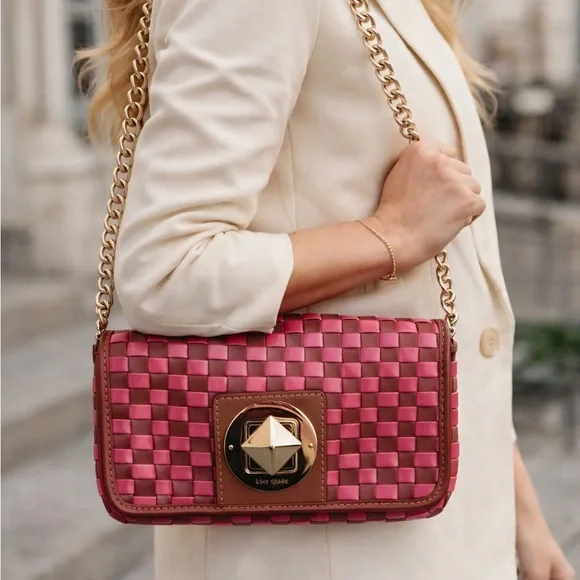 KATE SPADE VTG Pink Poly & Leather Woven Turn Lock Chain Clutch Shoulder Handbag - Picture 1 of 7